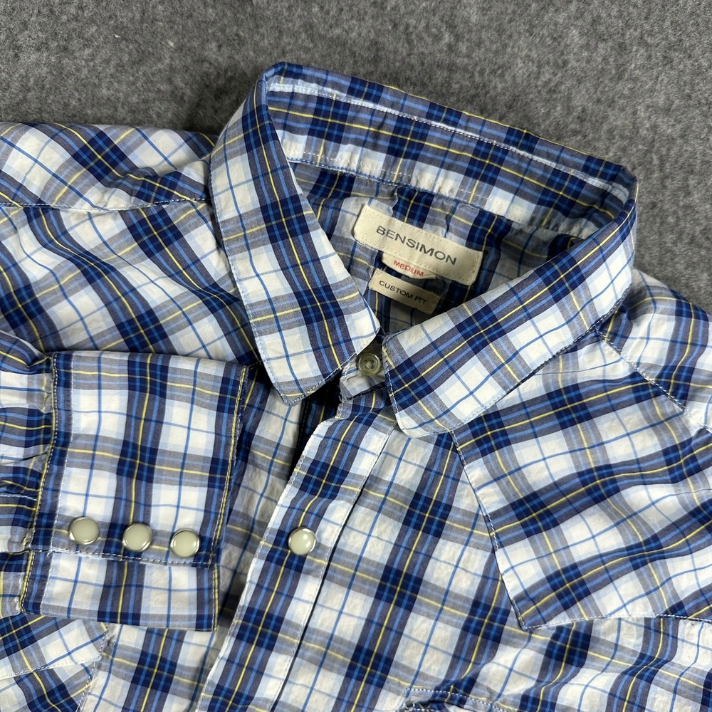 Bensimon Mens Medium Plaid Western Shirt Custom Fit Pearl Snap Button‎ Down